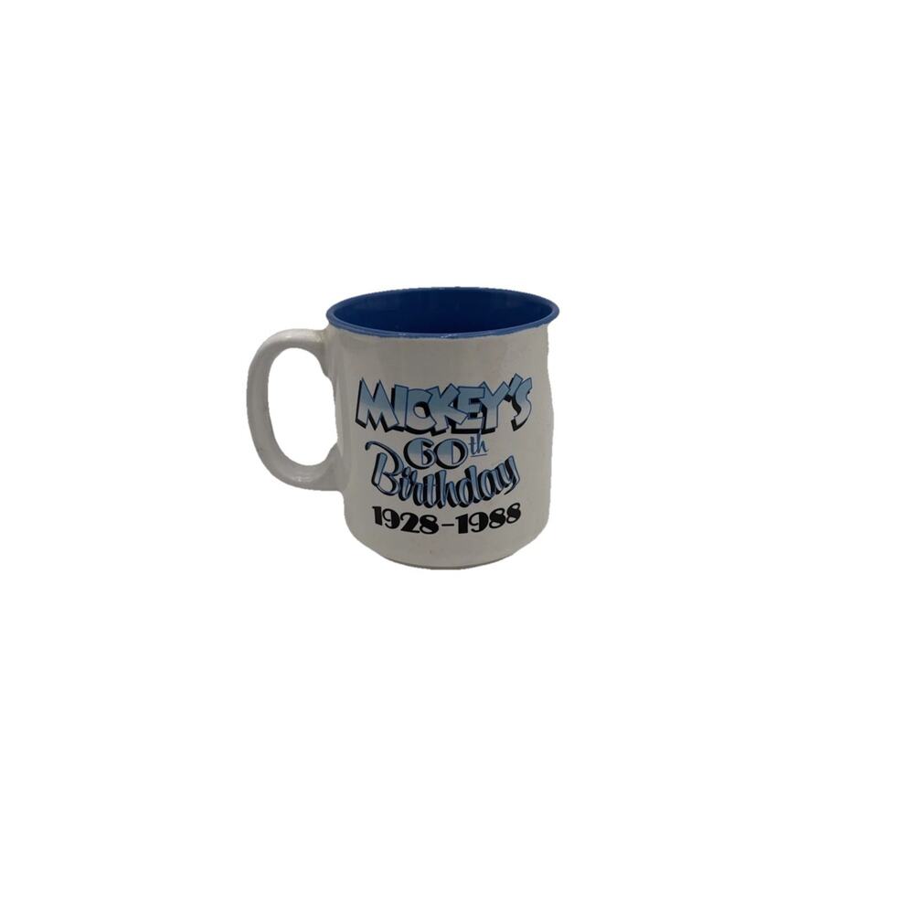 Vtg. Disney Mickey's 60th Birthday Ceramic‎ Coffee Mug. White / Blue Japan EUC